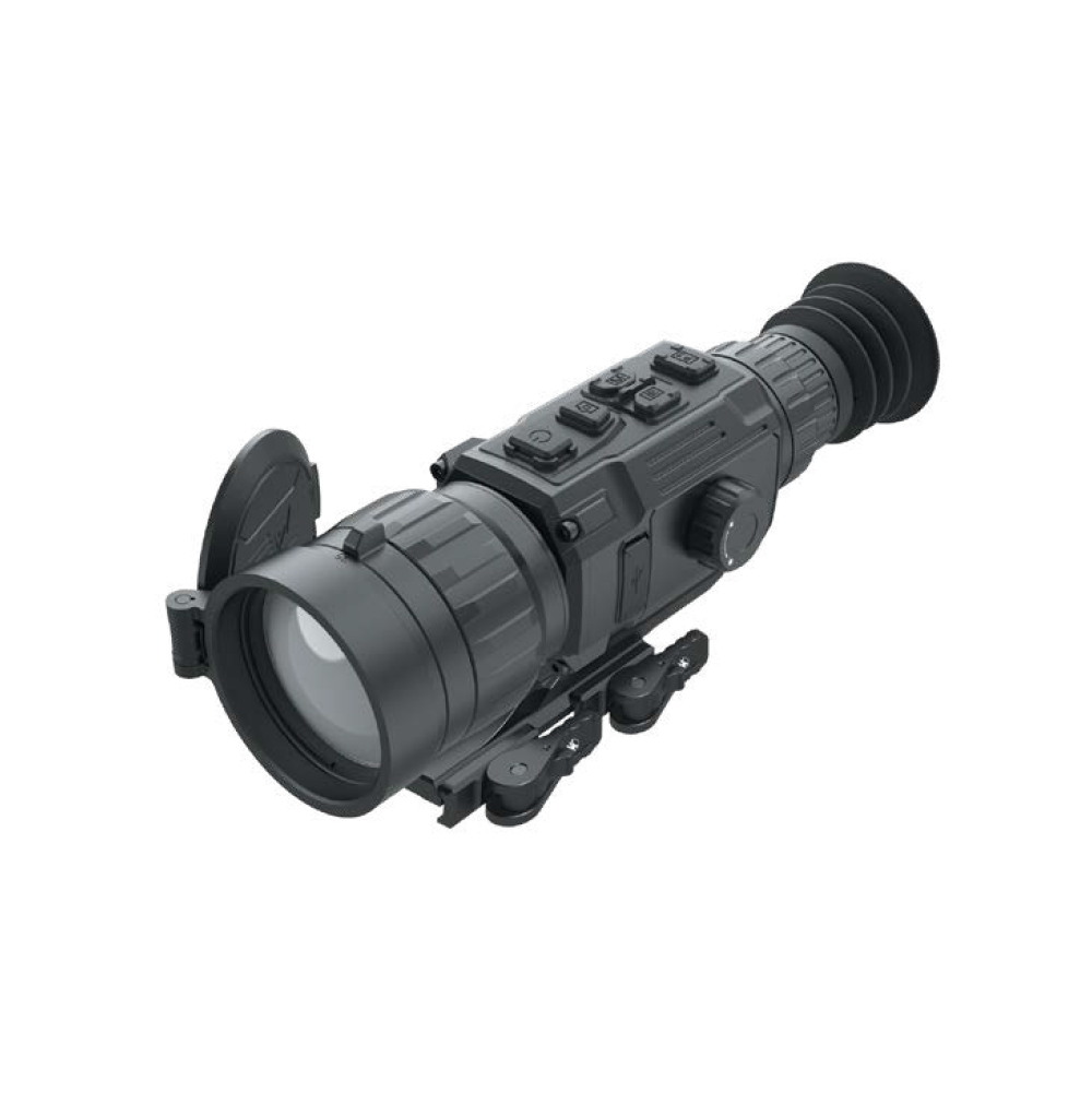 Black tactical night-vision monocular sight with a large front lens, multiple control buttons, and a clamp-style mounting bracket.