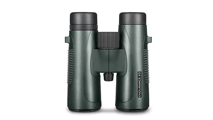 Green binoculars with a central hinge and textured olive-green grips, labeled Endurance ED.