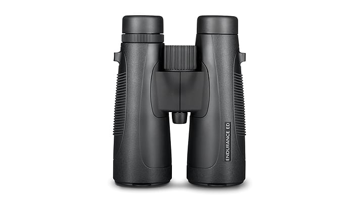 Black binoculars with textured grips and a central hinge on a white background (Endurance ED)