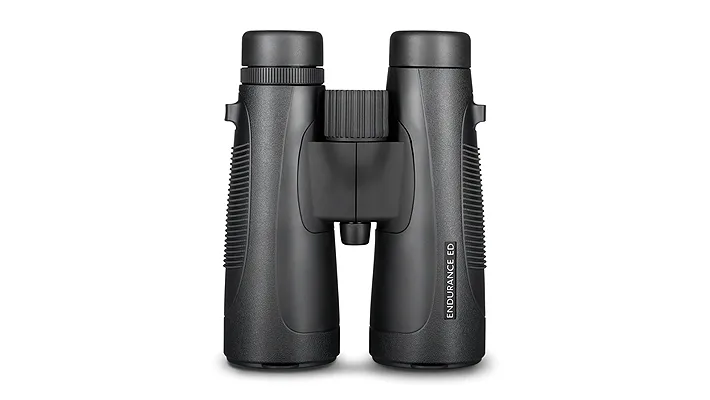 Front view of black binoculars with textured grips and a central hinge, ready for use outdoors.
