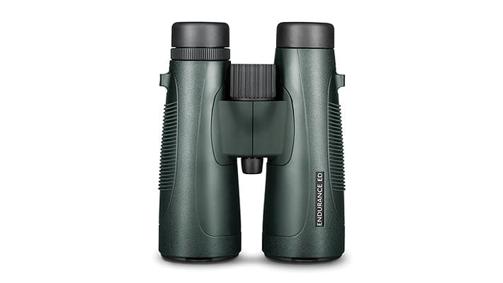 Dark green binoculars with a central hinge and textured grips, front view (Endurance ED model).