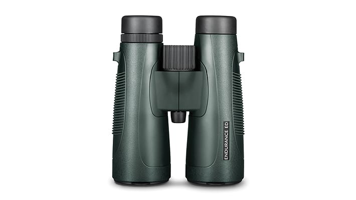 Green binoculars with a central hinge and textured grips, labeled Endurance ED on the side.
