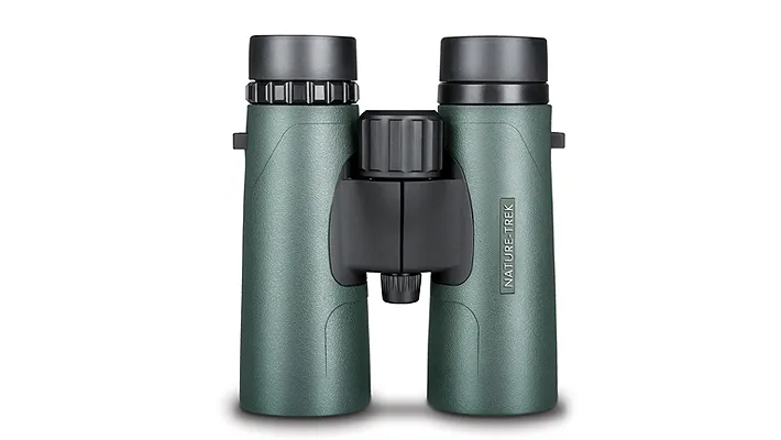 Green binoculars with black eyepieces and a central focus wheel, Nature Trek branding on the right barrel.