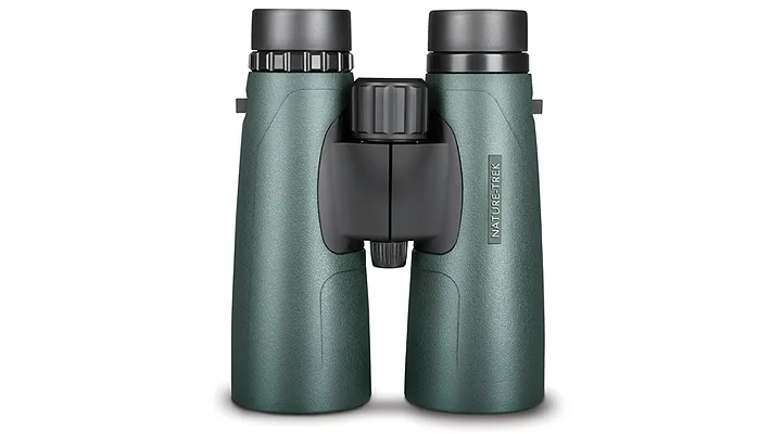 Nature Trek compact green binoculars with a black central focus wheel and eyepieces viewed from the front.