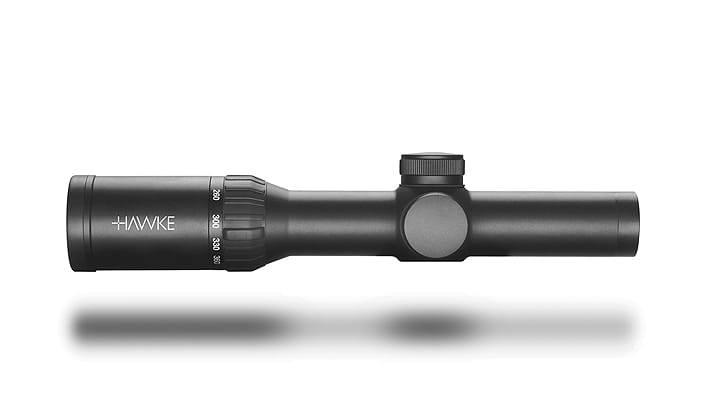 Black Hawke rifle scope with dual turrets, shown in profile with a subtle reflection below it