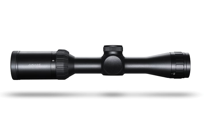 Black Hawke riflescope with adjustment turrets, shown in side view above a soft shadow.