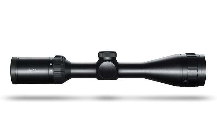 Black Hawke rifle scope with adjustment turrets, shown against a white background.