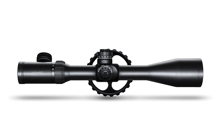 Black rifle scope with adjustment dial and gear rings, Hawke logo visible on the eyepiece side.