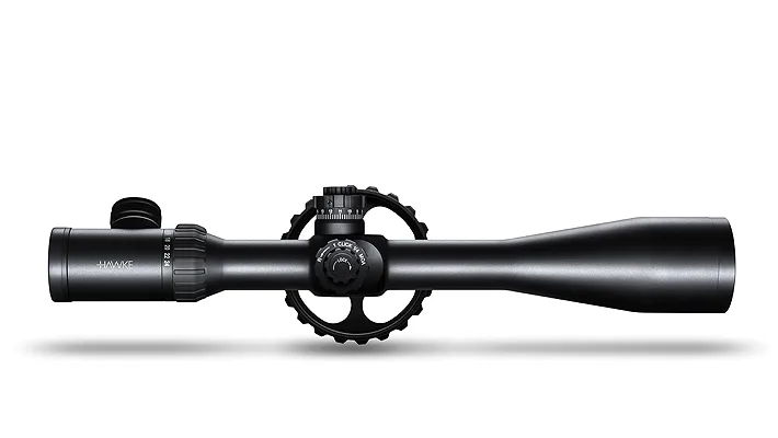Rifle scope with adjustment turrets and a long tube for precision aiming.