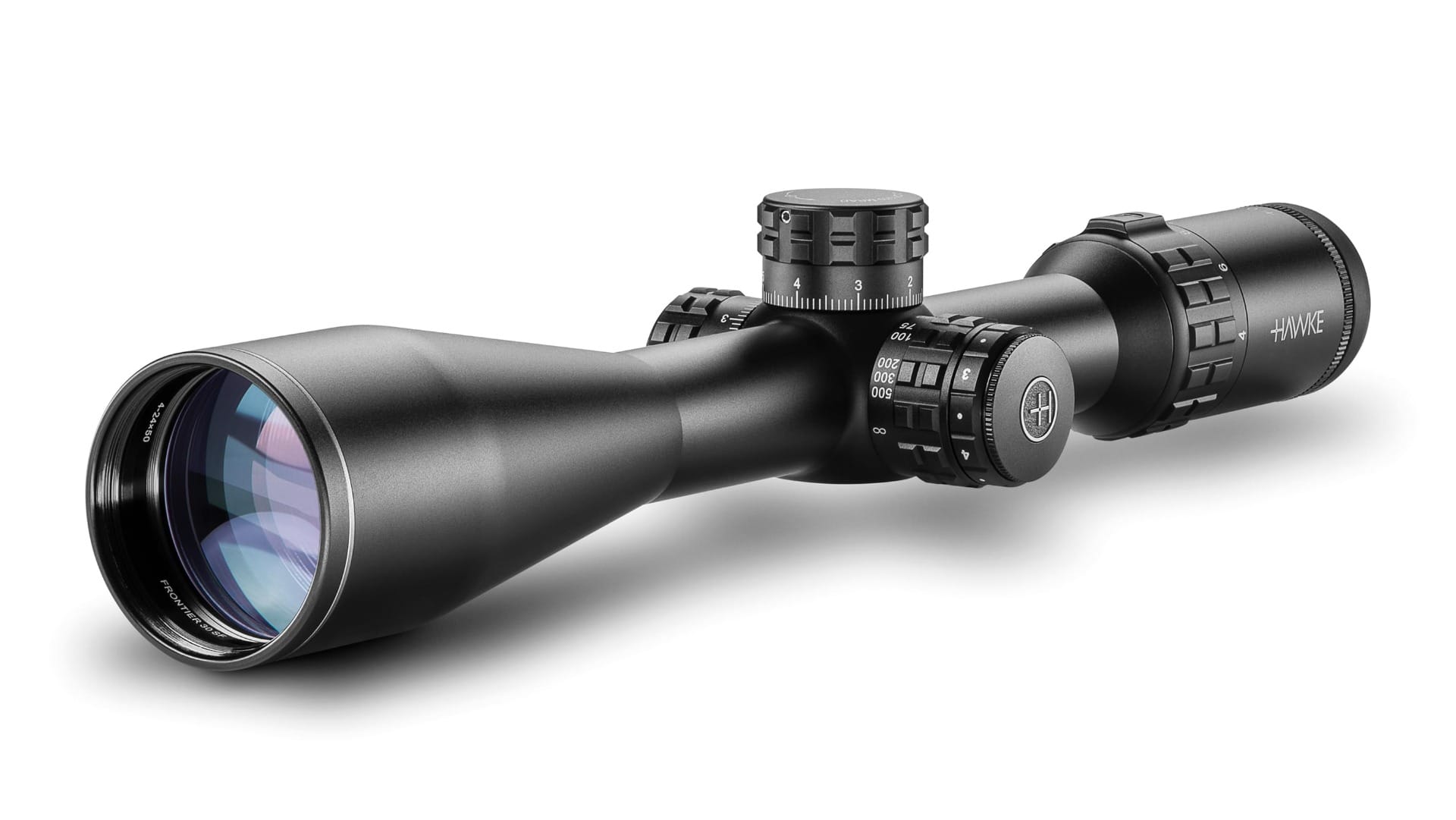 Black rifle scope with adjustment turrets and large objective lens, angled across a white background (product shot).