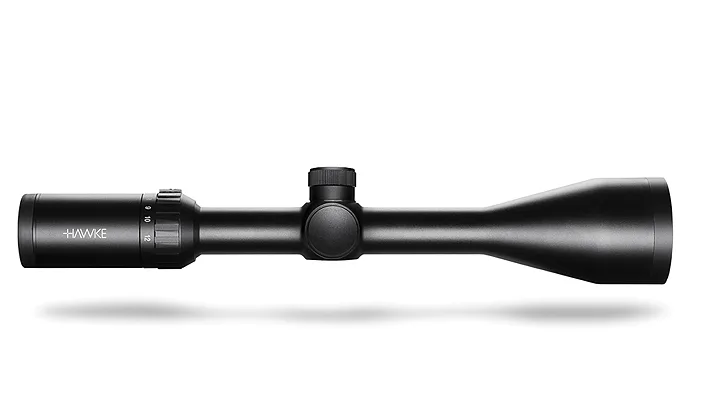 Black Hawke rifle scope with adjustment turrets and ocular lens, shown horizontally on a white background.