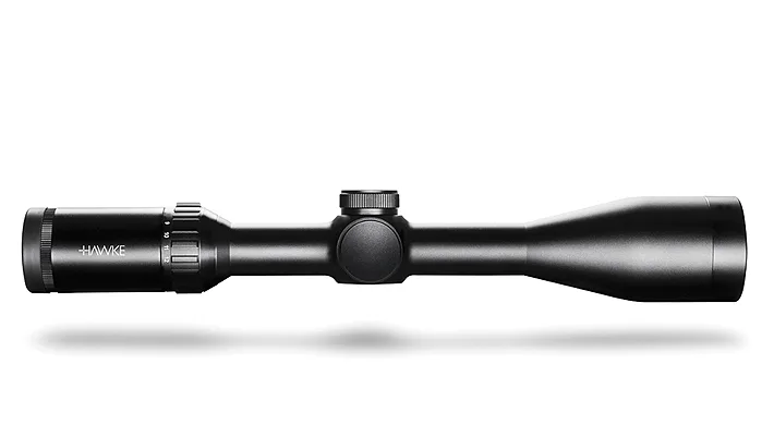 Black Hawke rifle scope with adjustment knobs, shown horizontally on a white background.
