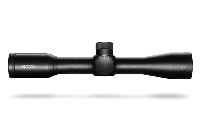 Black Hawke rifle scope in side profile with central adjustment turret and lens ends visible.