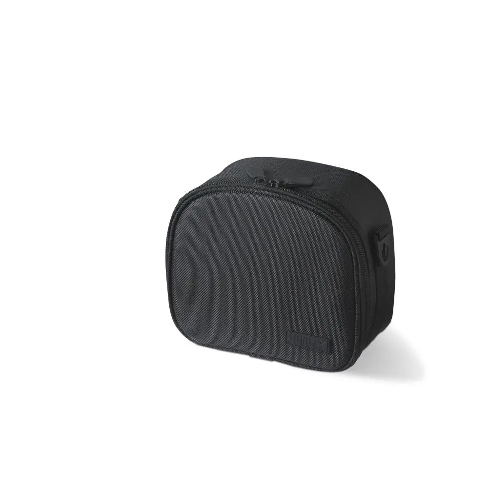 Black compact camera bag with a textured exterior and zipper closure, designed to protect small photo gear