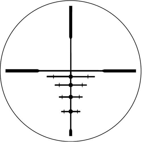 Circular rifle scope reticle with vertical and horizontal crosshairs and multiple measurement ticks