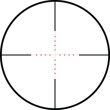 Circular gun-sight reticle with bold outer circle and horizontal/vertical crosshairs; red dotted center alignment marks.