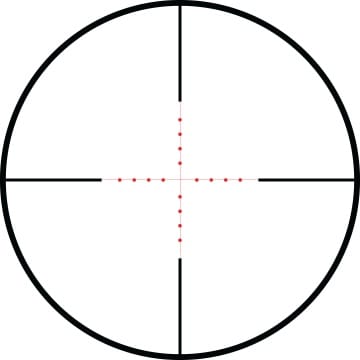A circular scope with bold crosshair lines (vertical and horizontal) and red dotted center line, like a targeting reticle.