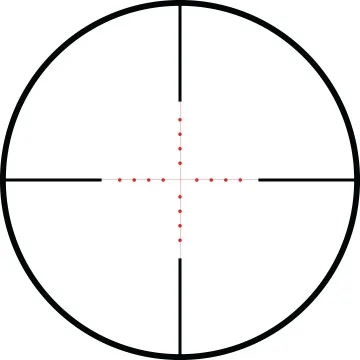 Circular target reticle with bold black border and crosshairs; red dotted marks along the center lines.