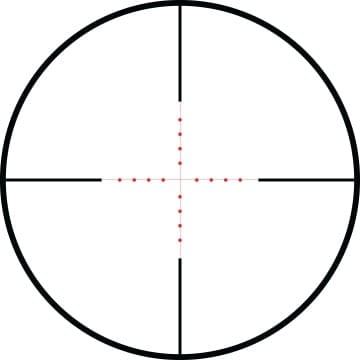 Circular aiming reticle with bold black outer ring and crosshair lines; red dotted center marks align at the center of the target.