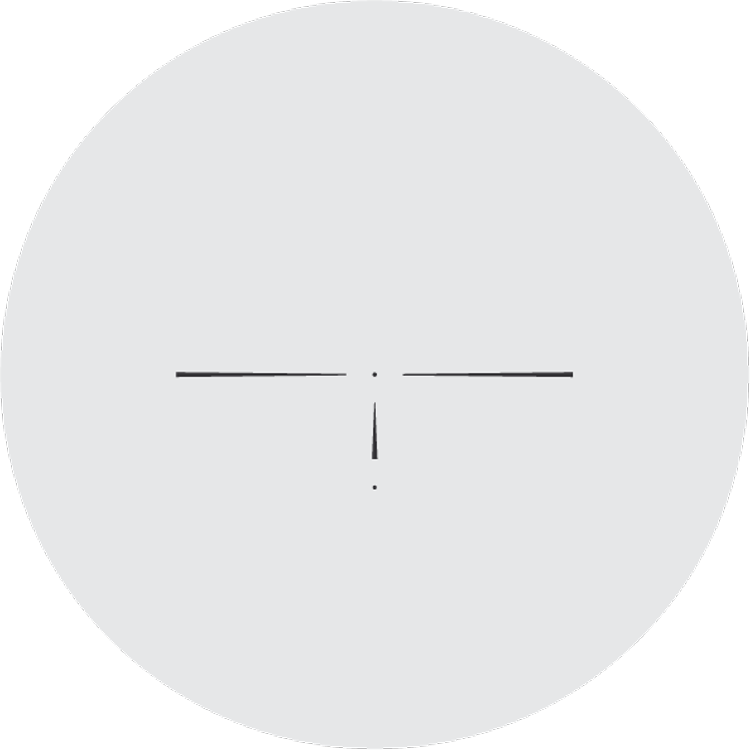 Minimalist crosshair inside a light gray circle: a horizontal line through center, a short vertical tick below, and small dots above and below.