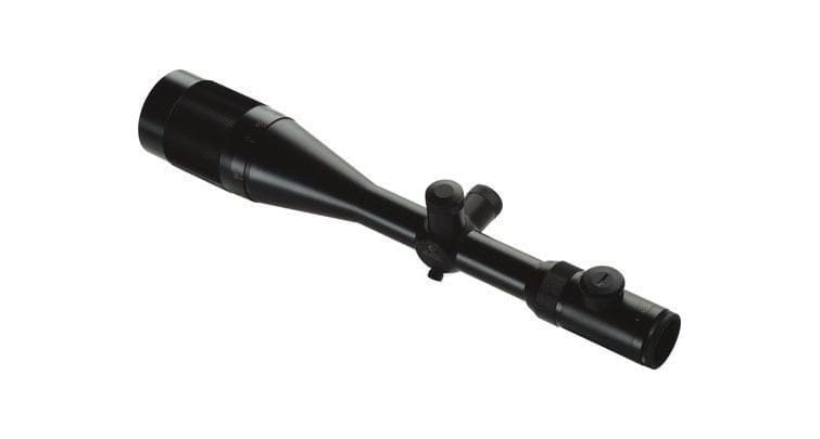 Black rifle scope with adjustment knobs, shown diagonally, featuring two turrets along the tube for windage and elevation.