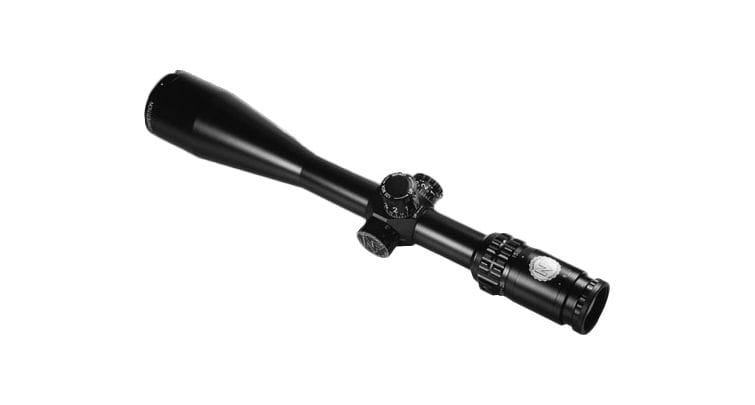 Black riflescope with two adjustment turrets mounted on a rail tube, highlighting knobs and lens end caps for aiming precision