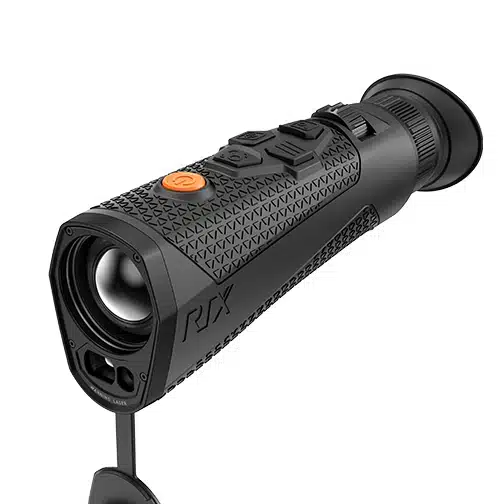 Black handheld monocular with a textured grip, orange power button, and a wide eyepiece facing the viewer.