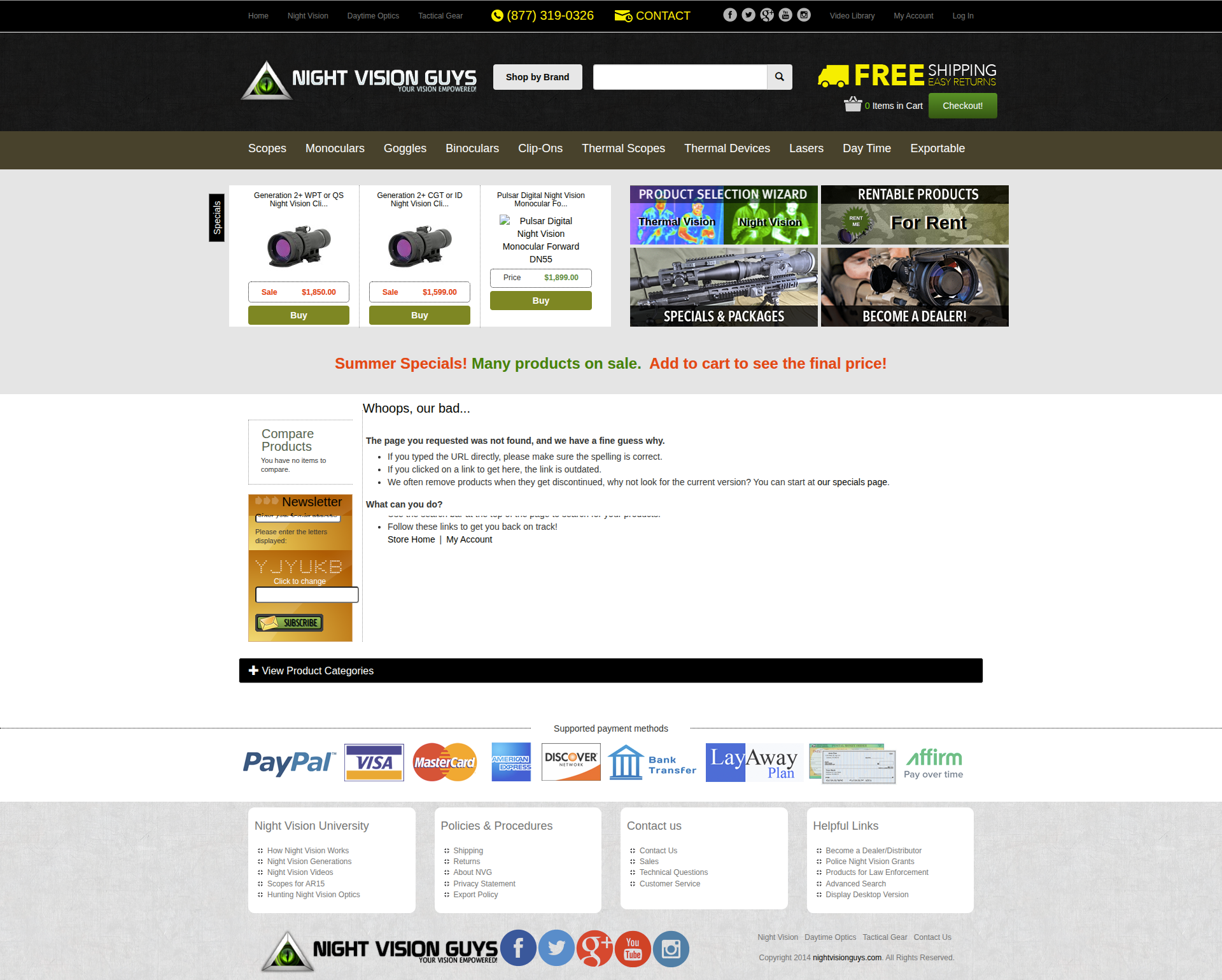 Night Vision Guys homepage: dark header, navigation bar, product specials grid, and footer logos.