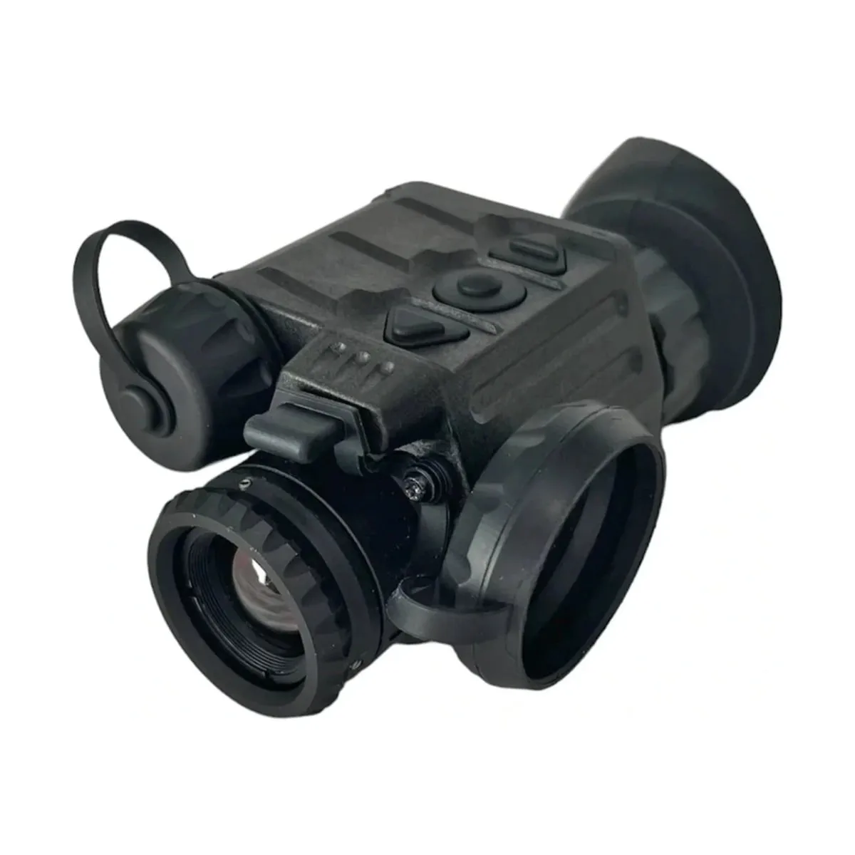 Compact black rifle optic with adjustable turrets and lens at the front, used for aiming (red-dot style).