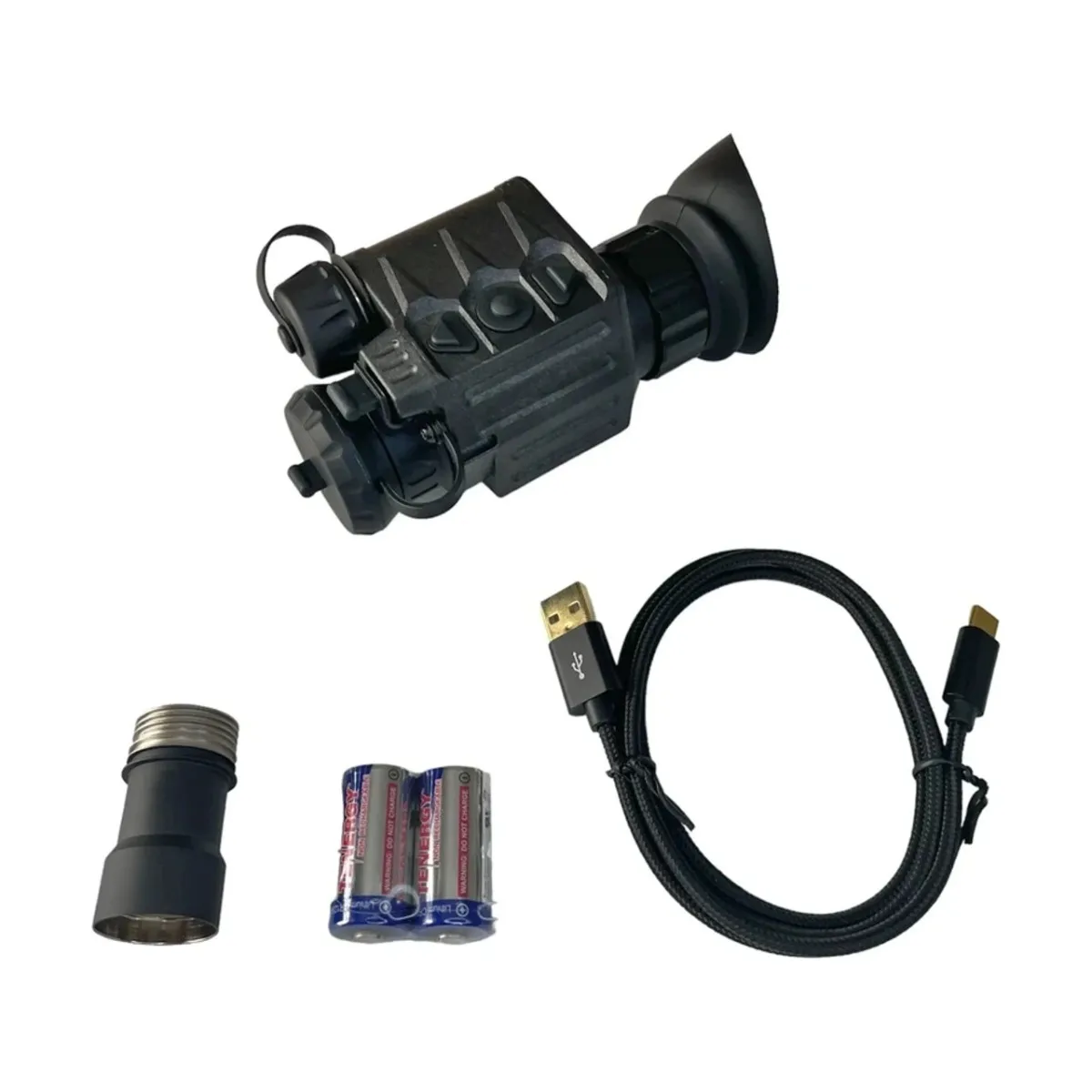 Black tactical optical accessory kit with a detachable eyepiece and mounting body, plus a USB-C charging cable, AA battery pack, and battery adapter.