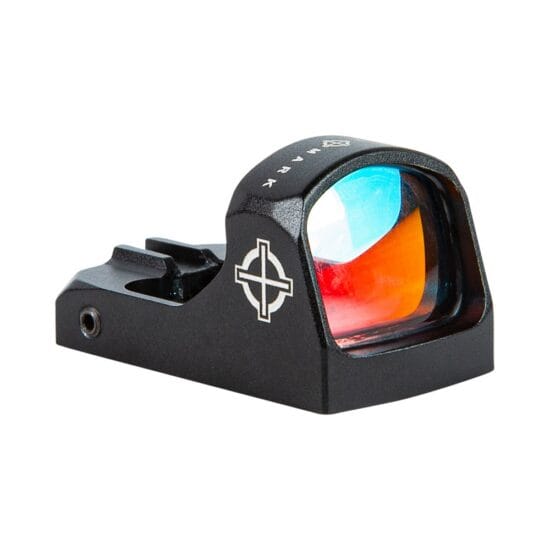 Compact red dot sight with black metal housing and a tinted, multi-colored lens for quick aiming.