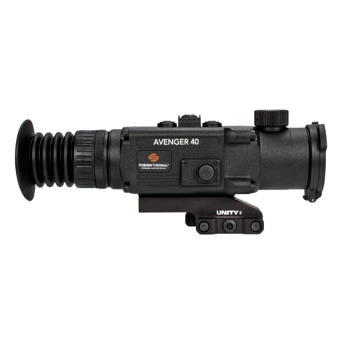 Thermal rifle scope labeled Avenger 40 mounted on a Unity rail mount, black with branding visible