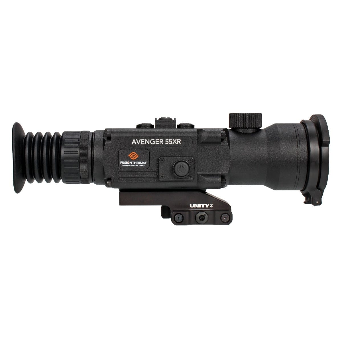 Black Avenger 55XR thermal rifle scope with Unity mount, featuring Fusion Thermal logo and adjustment knobs on a white background