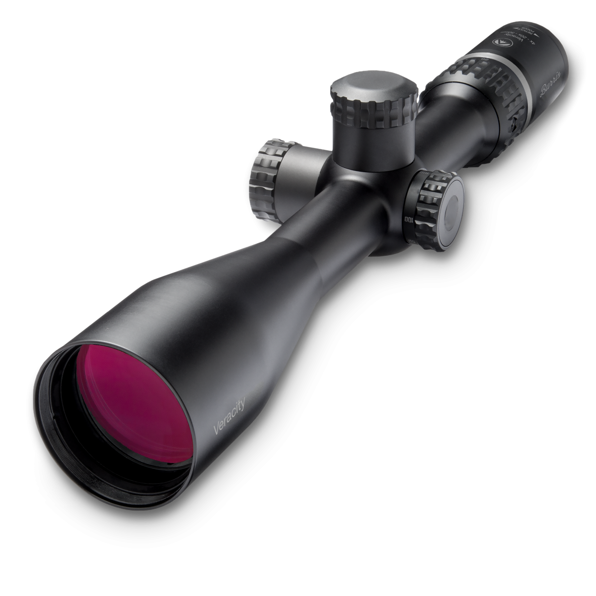 Scope with pink-trosted objective lens and adjustment turrets, labeled Veracity, seen at an angle for product showcase.