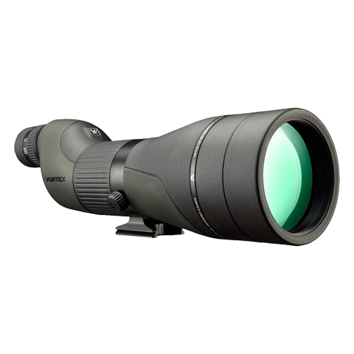 Vortex riflescope with a large green-tinted front lens and mounting hardware, shown from the side