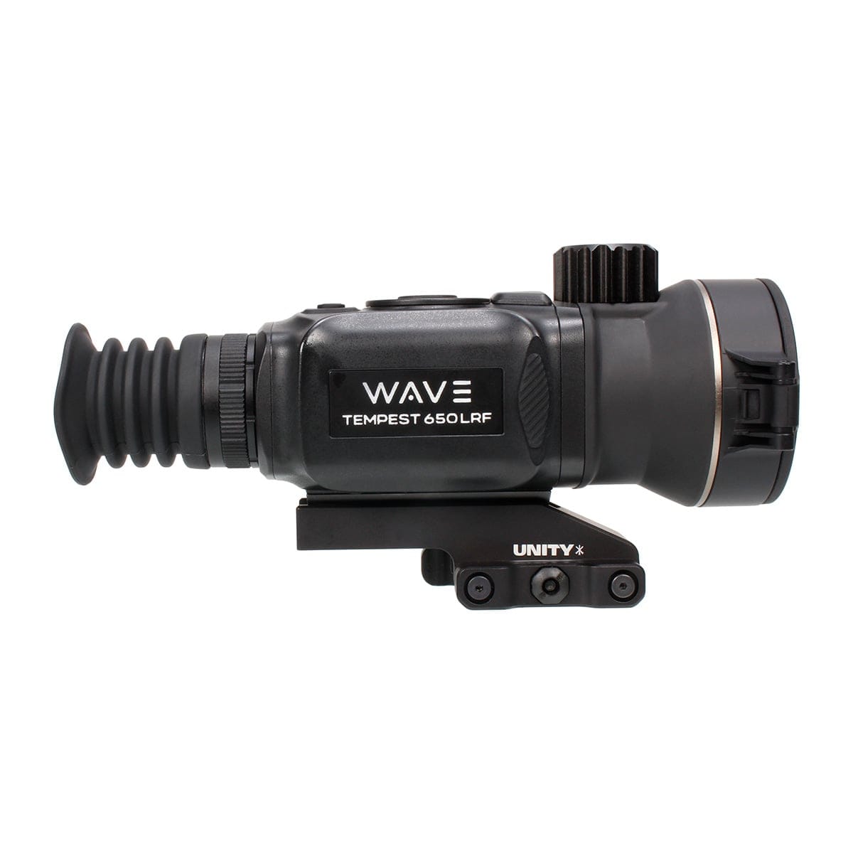 Black rifle optic with adjustable lens and rubber eyepiece mounted on a Unity rail mount, labeled 'WAVE Tempest 650LRF'—a sighting device for firearms