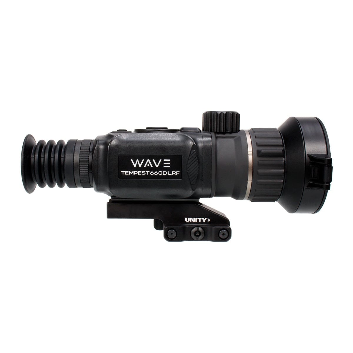 Black rifle scope with zoom/adjustment knobs mounted on a small rail base, labeled WAVE Tempest 66OD LRF, used for aiming accurately in shooting.