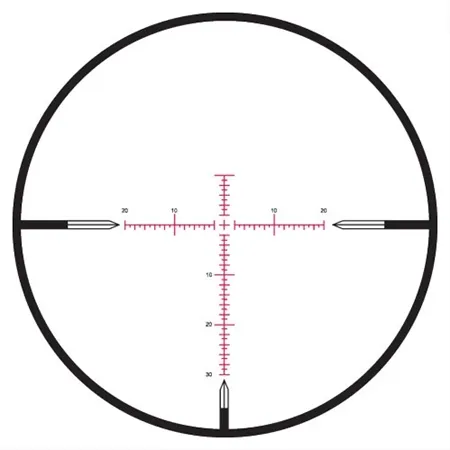 Circular rifle scope reticle with a central crosshair and measurement marks along horizontal and vertical axes, including numbered graduations.