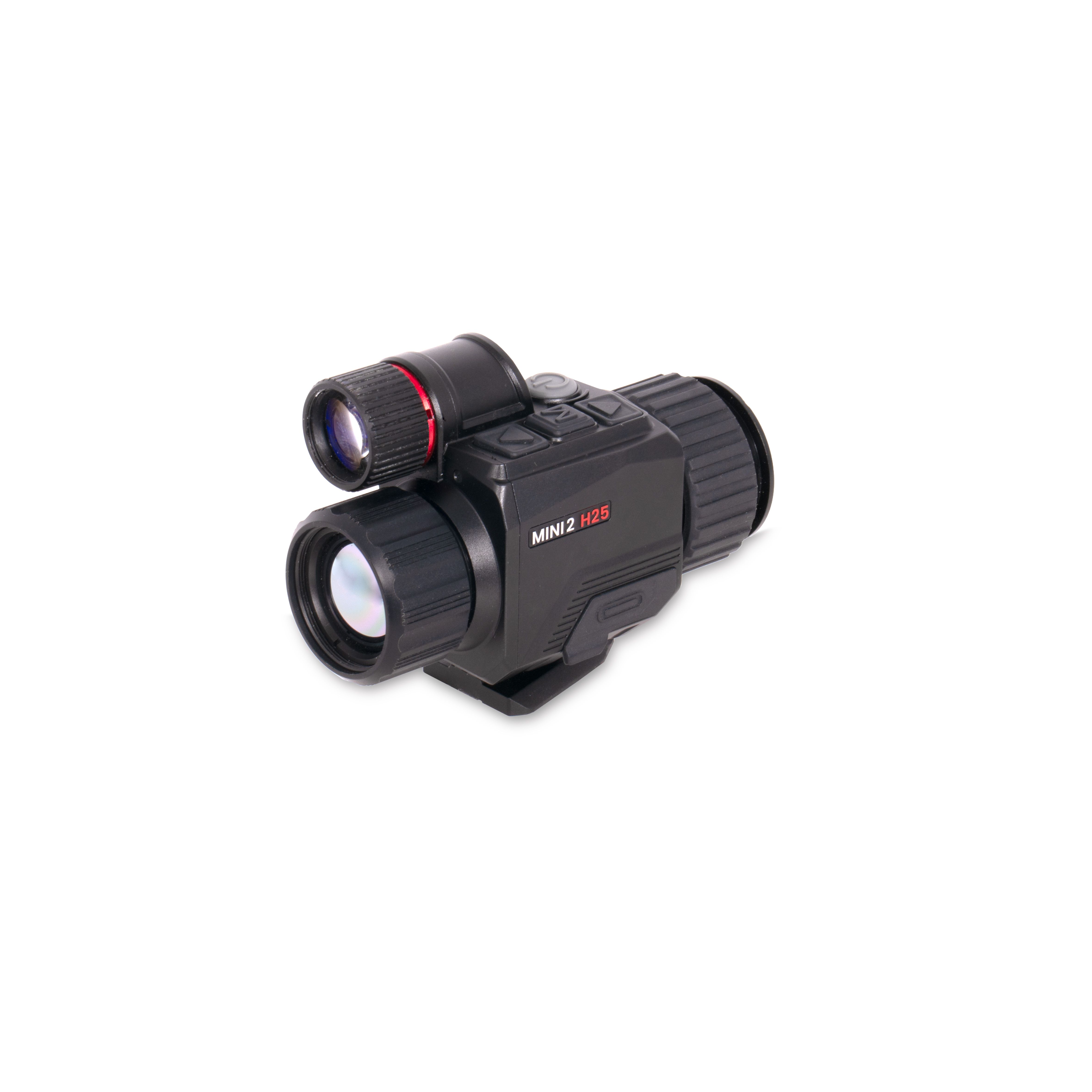 Close-up of a black monocular night-vision scope with a red ring near the lens and the label 'MINI 2 H25' on the side.