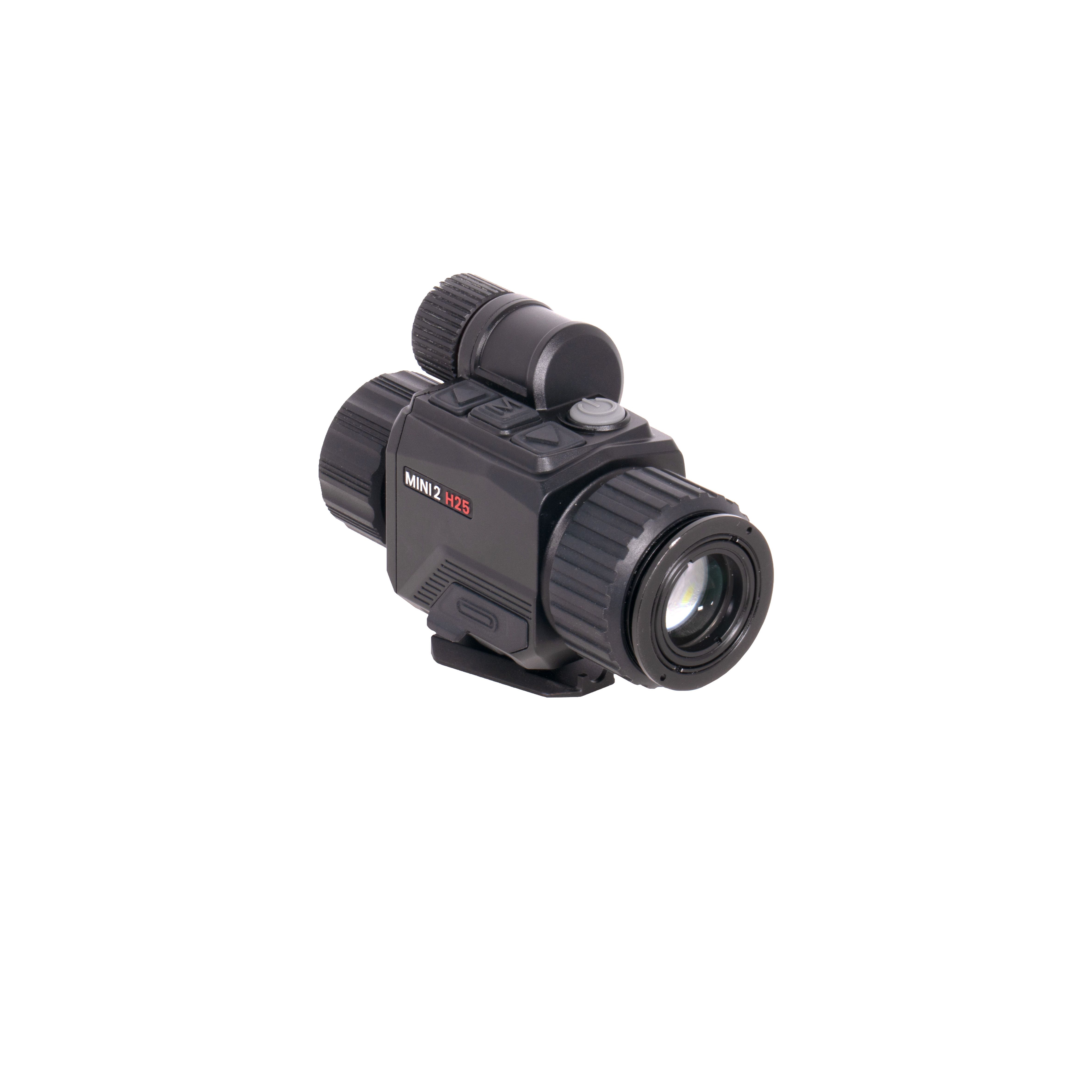 Close-up of a black camera-like device with a ridged zoom/grip ring and a front lens; label reads MINI 2 H25.