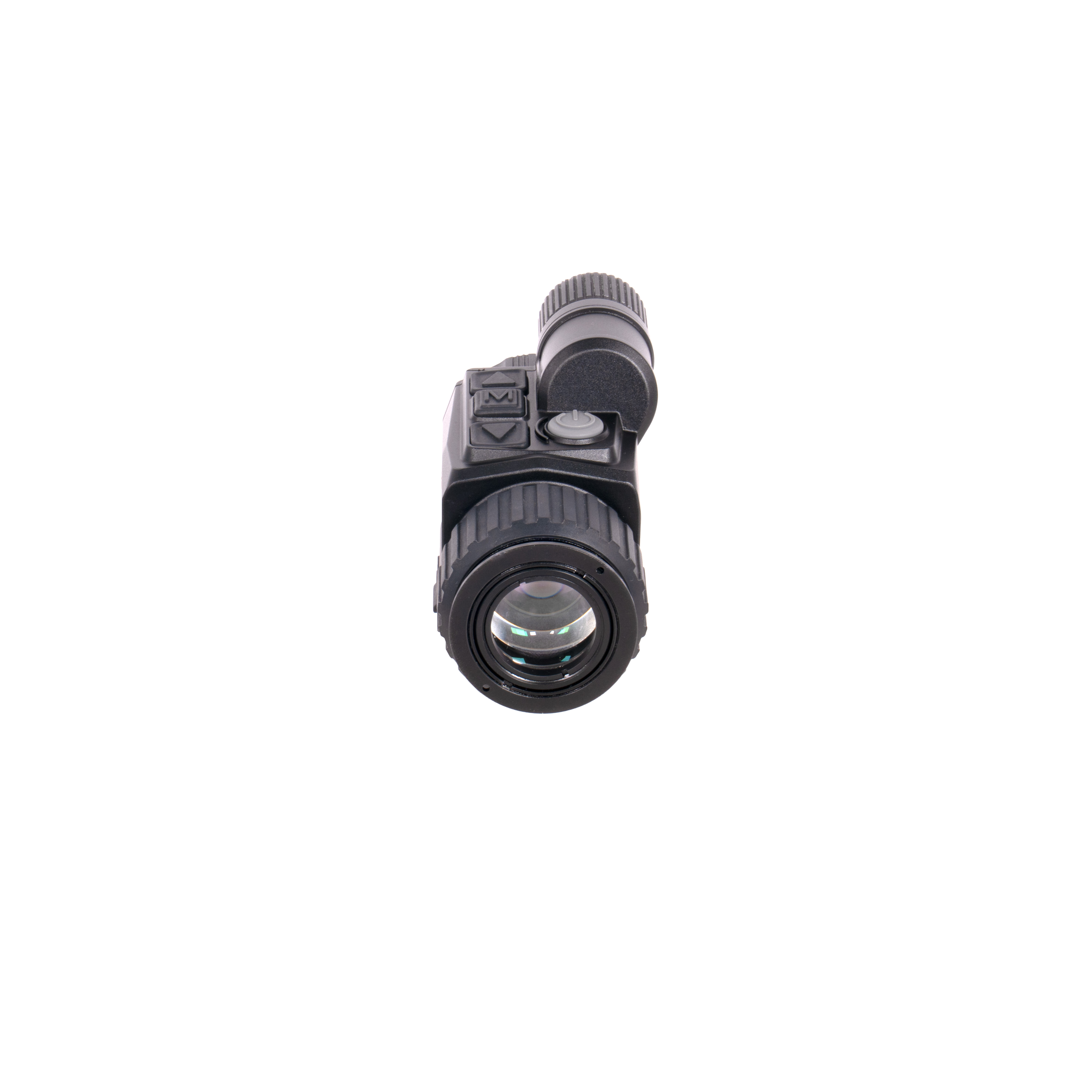 Close-up of a black rifle scope viewed from below, showing the eyepiece and textured adjustment knobs on a white background.