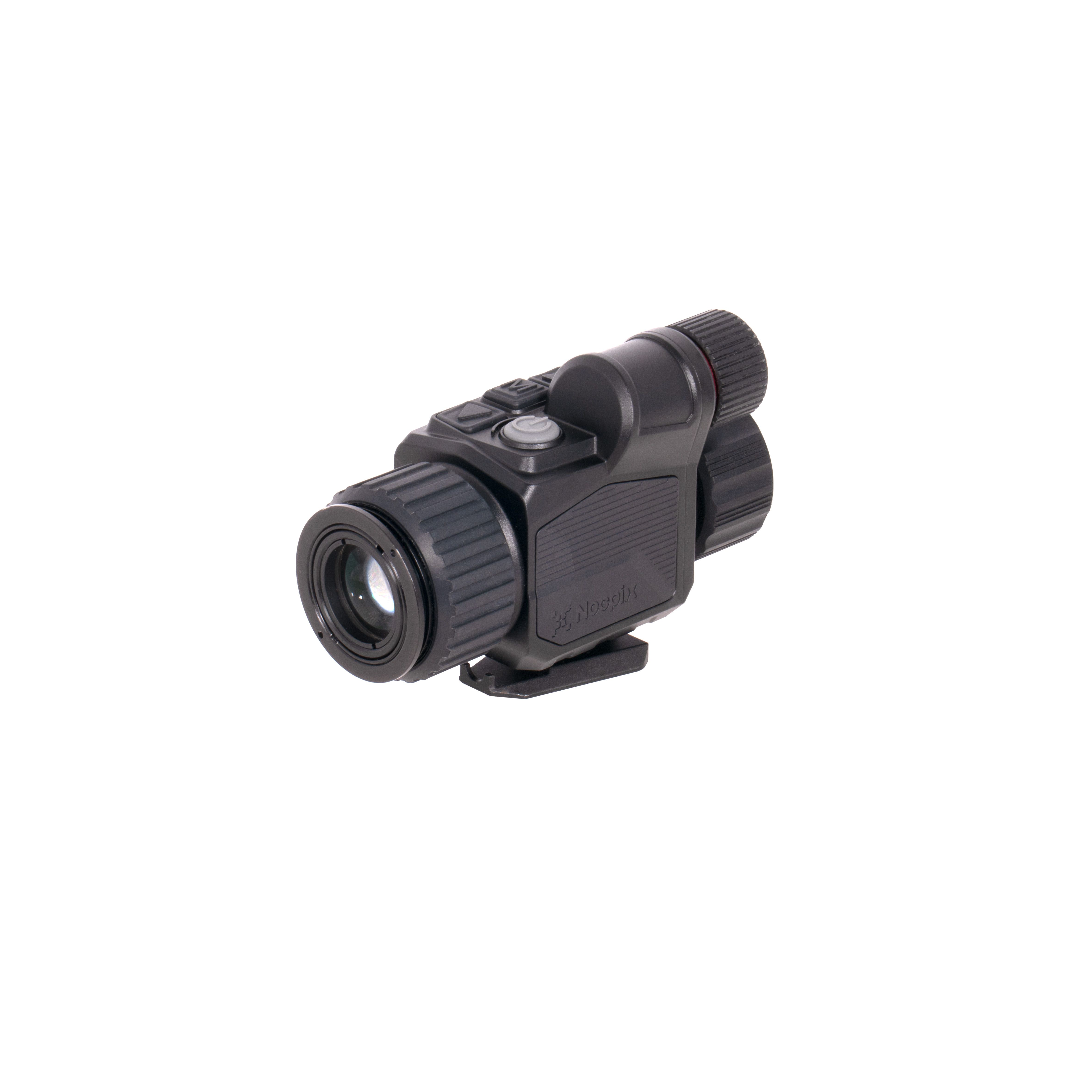 Close-up of a black rifle scope showing the objective lens, zoom knob, and mounting bracket.