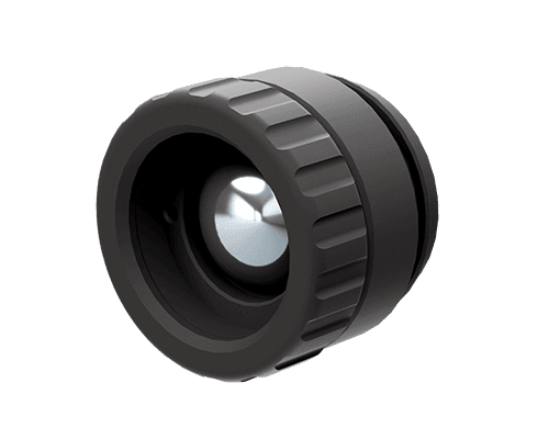 Close-up of a black camera lens with a textured grip and visible front glass surface.