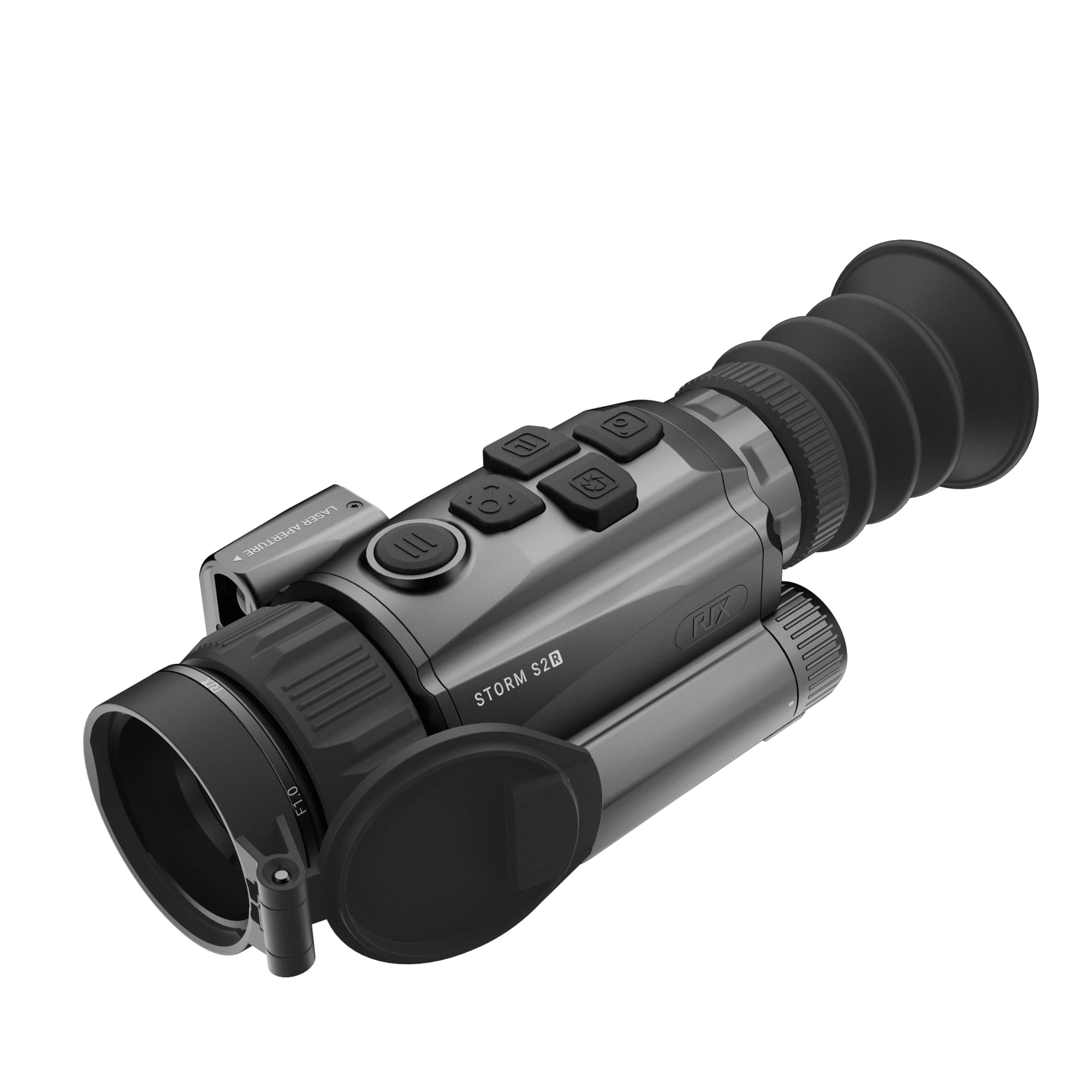 Close-up of a professional camera lens with multiple programmable buttons and textured focus/zoom rings, shown at a diagonal angle across the frame.