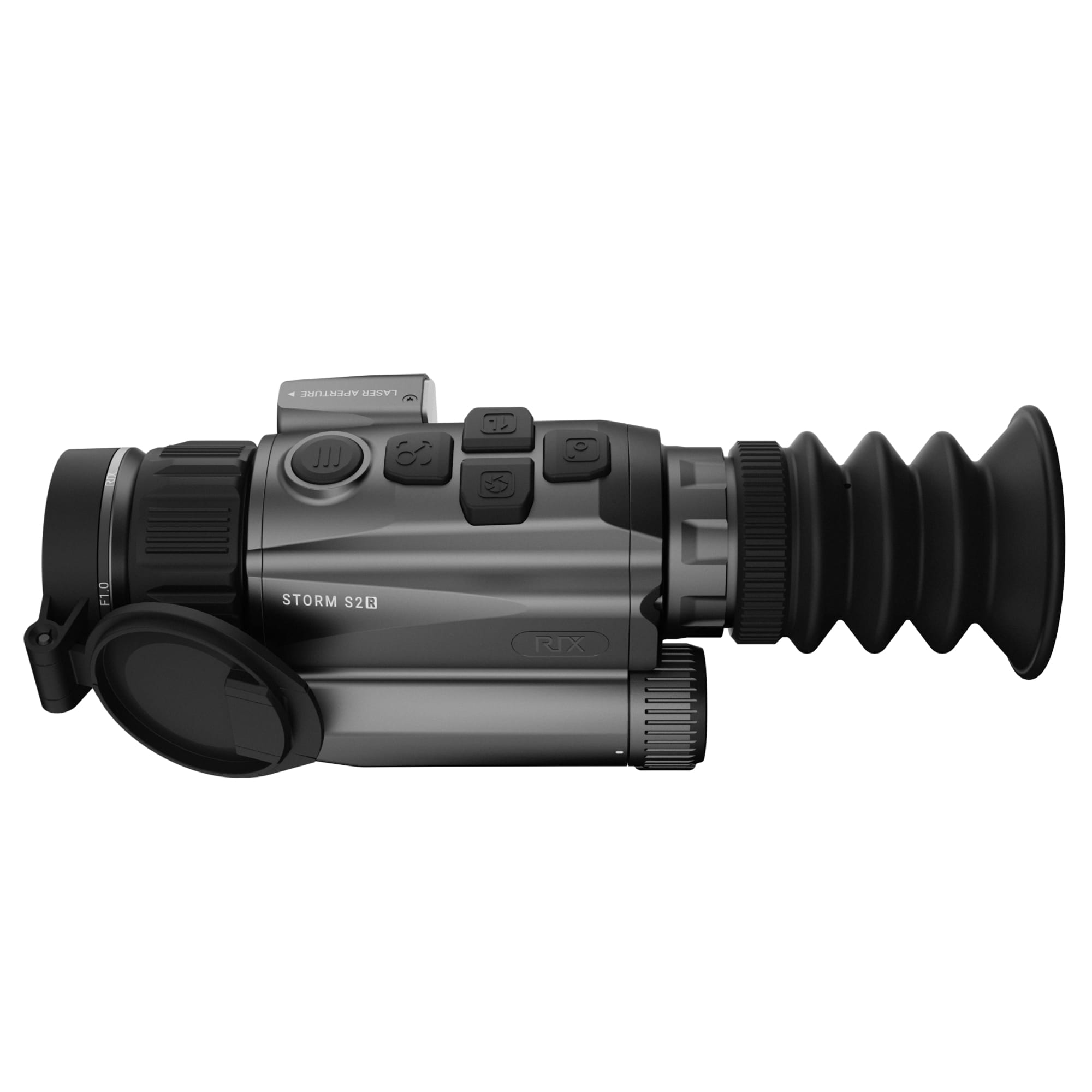 Close-up of a tactical rifle scope showing adjustment dials and a textured eyepiece, labeled STORM S2R.