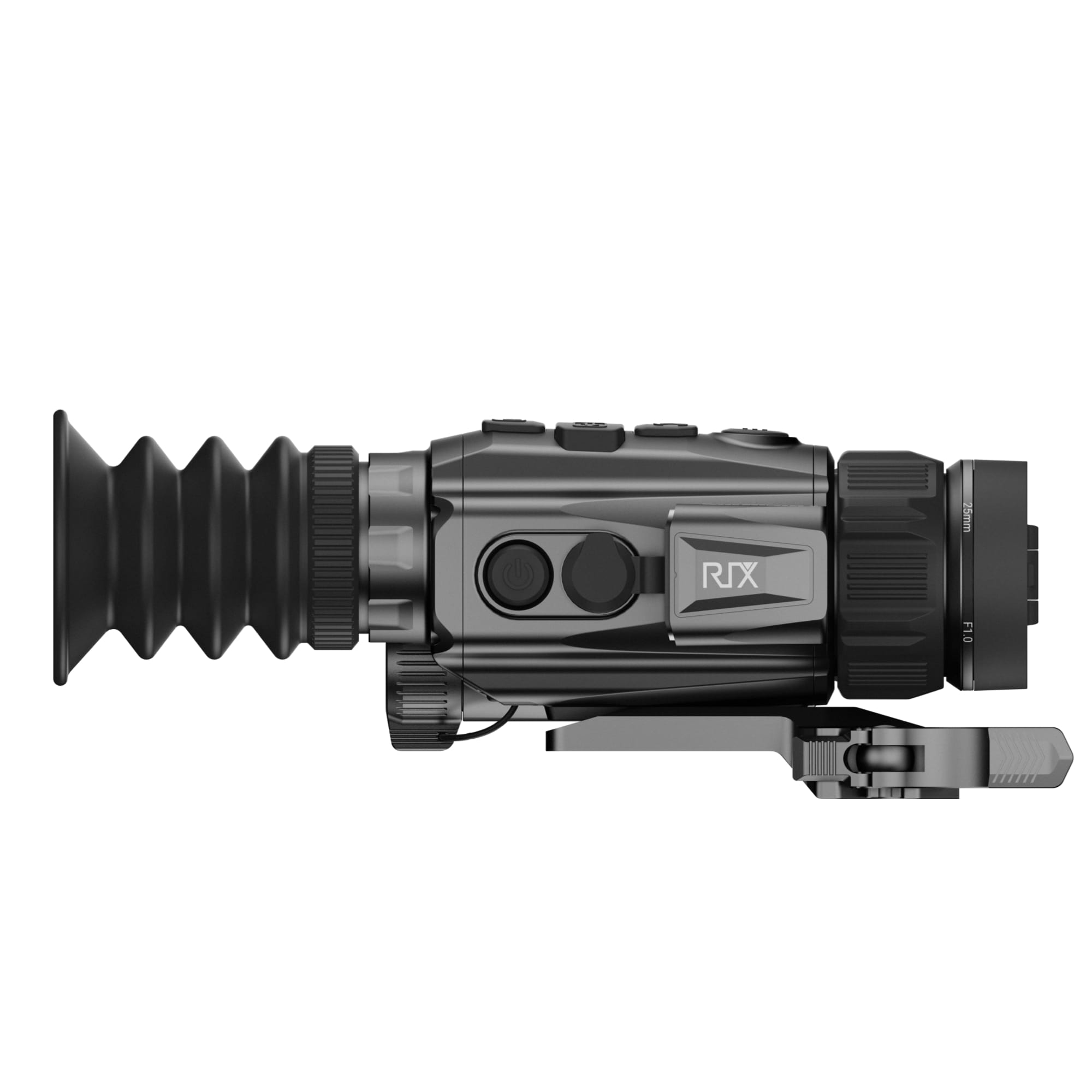 Close-up of a black rifle scope with adjustment knobs and ribbed eyepiece side view.