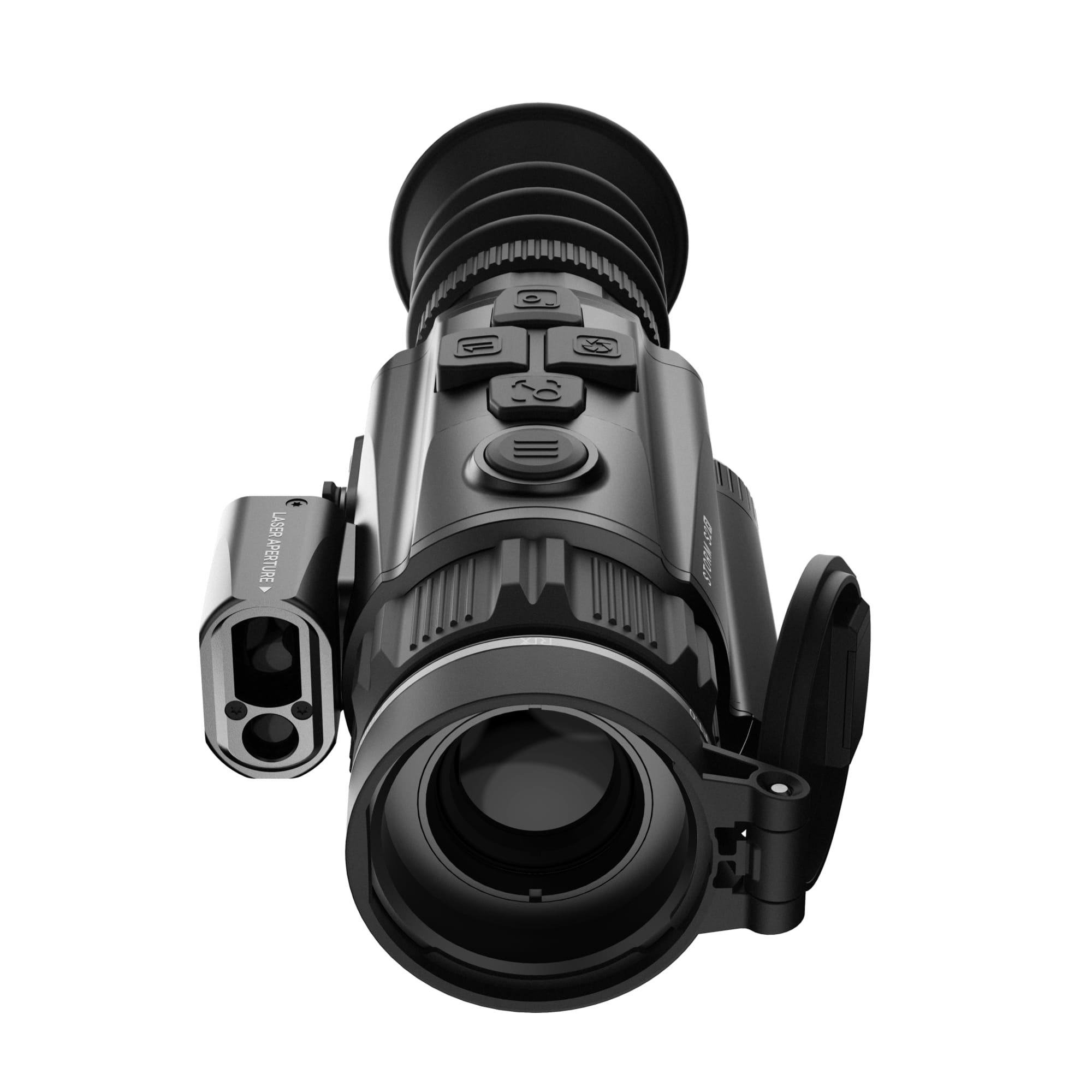 Close-up of a professional camera lens with a textured focus/zoom ring and attached lens hood viewed from the front, black and gray.