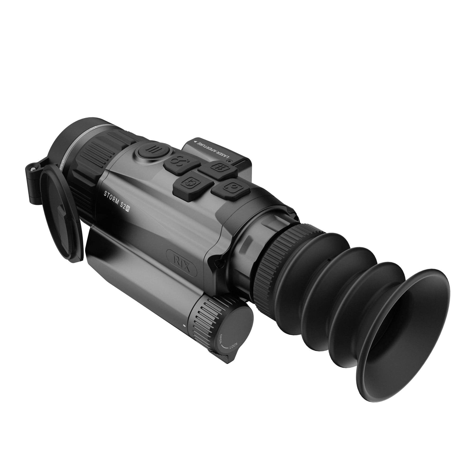 Close-up of a black handheld optic device with multiple rectangular buttons and a textured grip, label reads STORM S2R