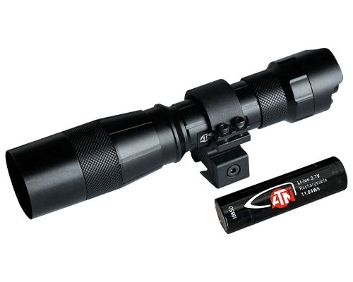 Black tactical flashlight with a mounting bracket and a separate cylindrical battery beside it.