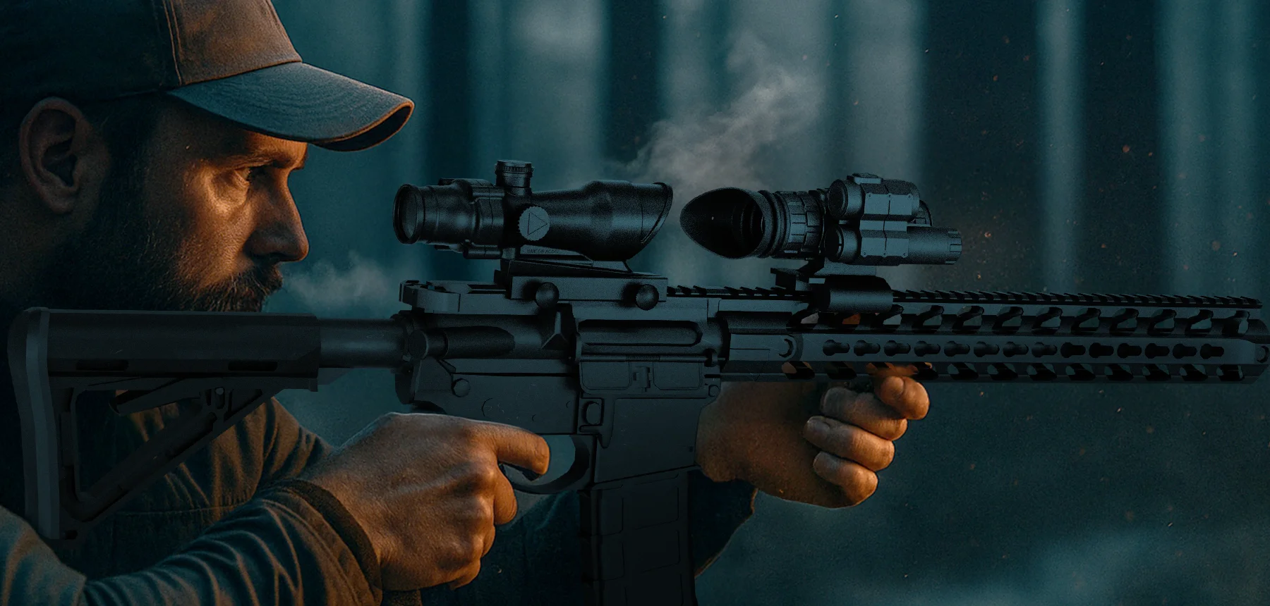 Close-up of a man wearing a cap aiming a black assault rifle with a scope in a smoky, dim setting.